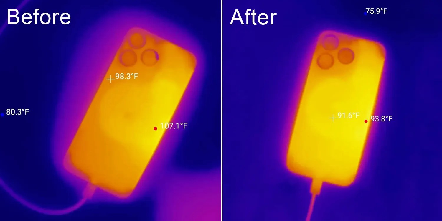 Iphone 15 overheating fix thermal imaging shows before and after.webp